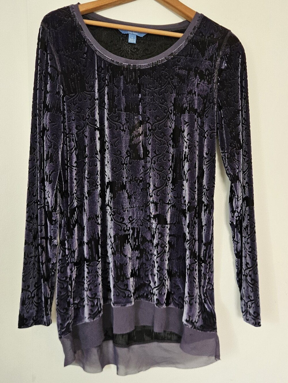 Boho Artsy Velvet Burnout Womens Top L Romantic Purple Flowy Witchy Fairy Grunge